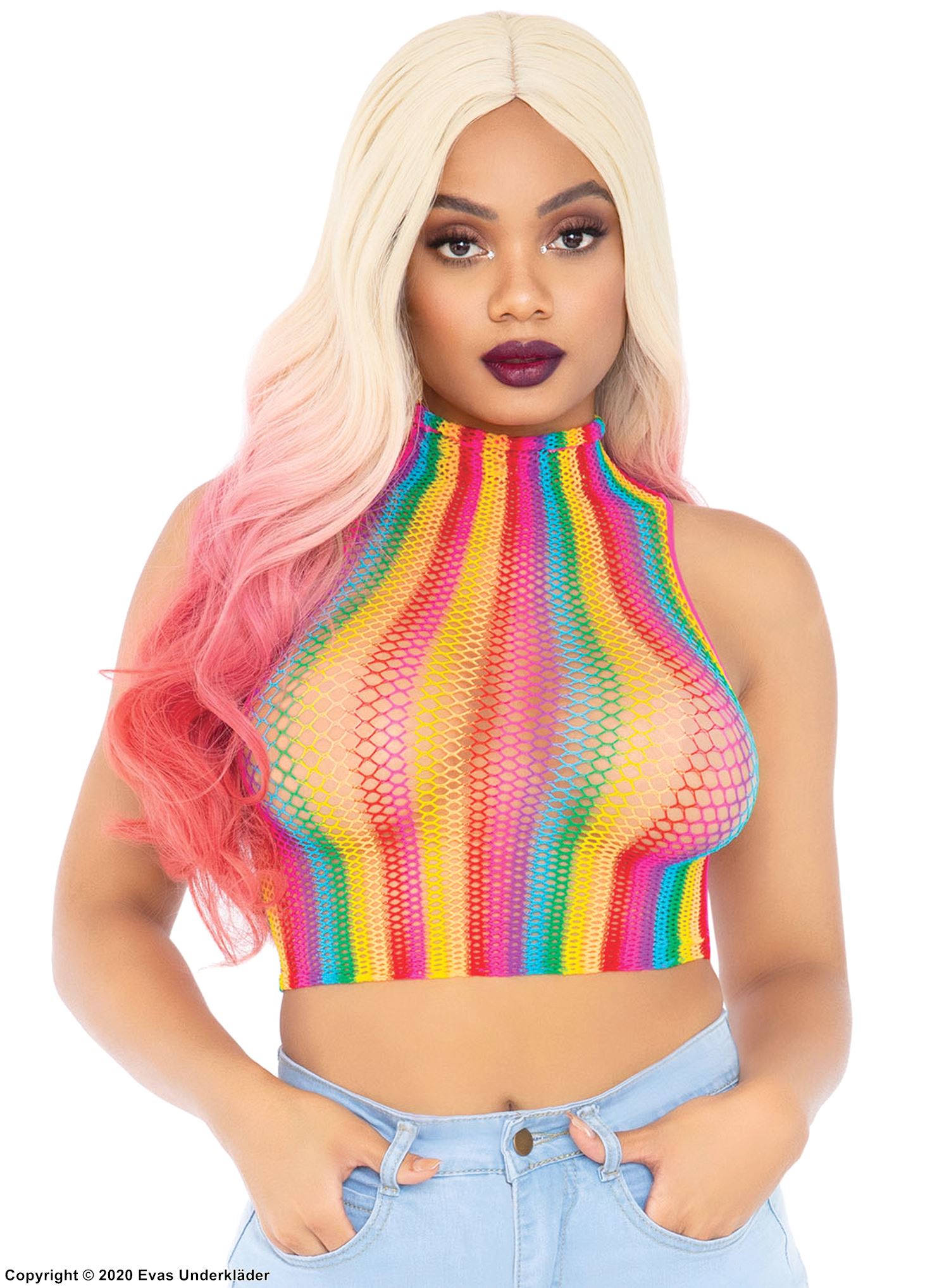 Bauchfreies Crop-Top, Netz, Rollkragen, Regenbogenfarbe